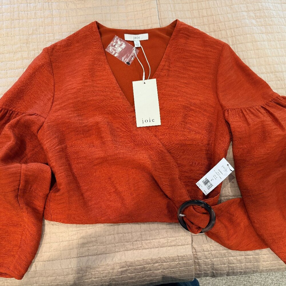 NWT - Joie Sophiana Balloon-Sleeve Cropped Wrap Top, Cayenne, Size Small